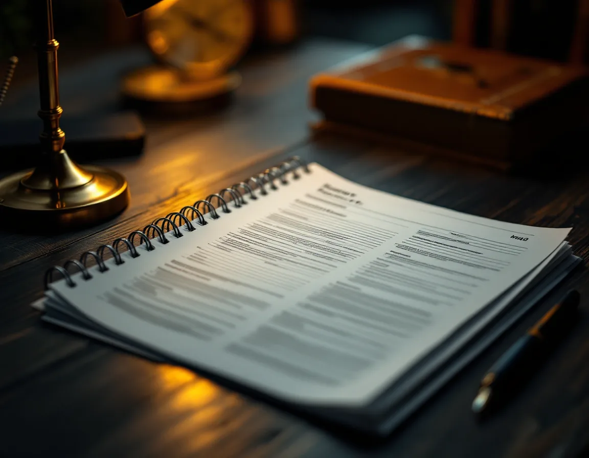 A printed remediation report on a walnut desk under a lamp